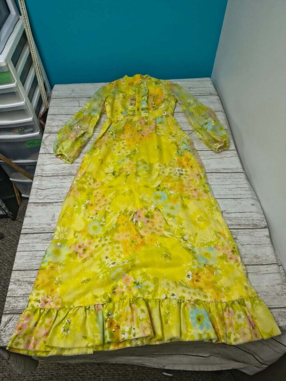 The House of Nu-Mode Vintage 70's Yellow Floral Sheer Sleeve Ruffle Maxi Dress